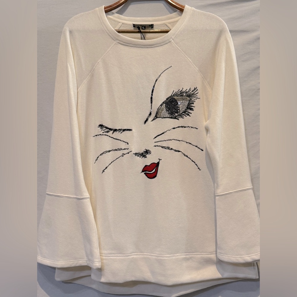 NWT - Diane Gilman Embroidered And Bead Embellished High-Low Cat Face Sweatshirt